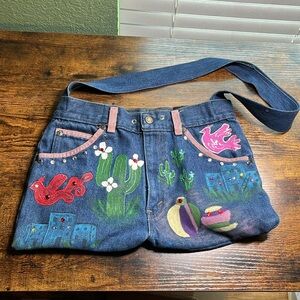 Vintage Denim Bag • Hand-Painted Denim Shoulder Bag Jean purse denim purse tote